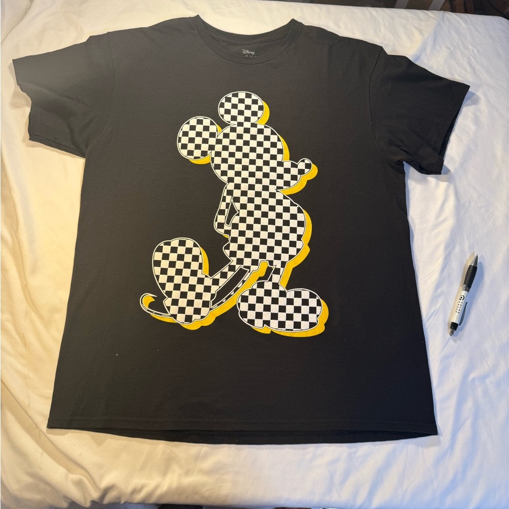 Disney Black & White Checkerboard Mickey Mouse Silhouette T-Shirt Y2K  Size L